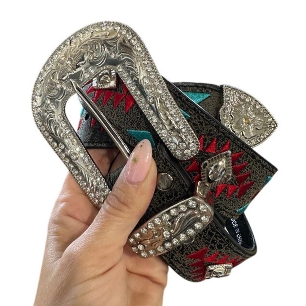 Blazin' Roxx Womens Southwestern Rodeo Western Style Embroidered Rhinestone Belt - Picture 2 of 5